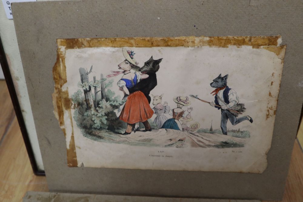 A collection of prints and engravings, including a caricature after George Moutard Woodward,